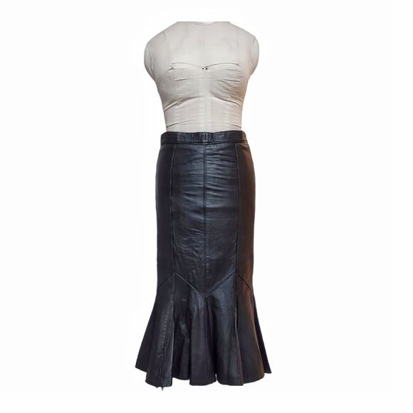VINTAGE Black Leather Pencil Trumpet Skirt Size 6/8 Fishtail Gothic Retro Rocker - Picture 1 of 8